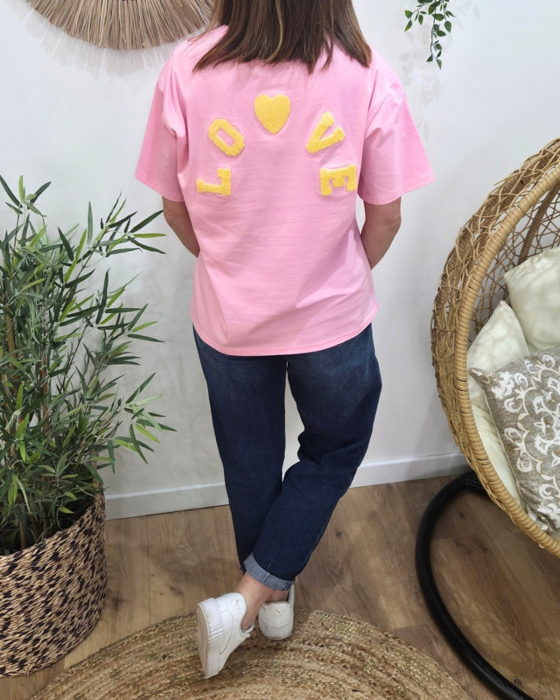 T-shirt femme rose love teddy jaune