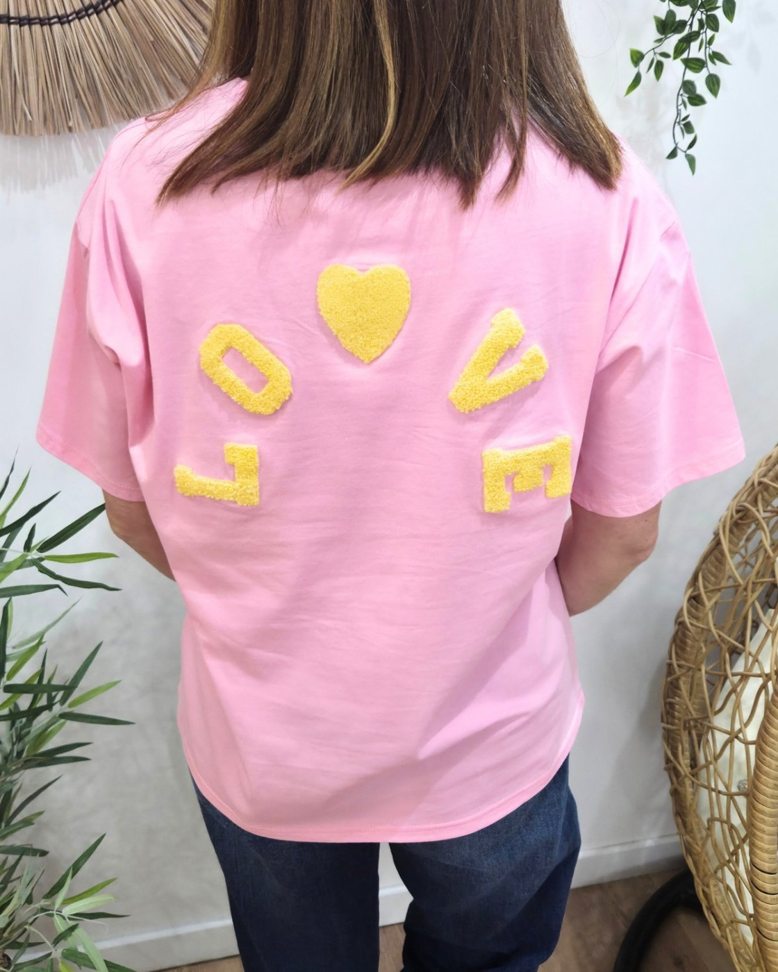 T-shirt femme rose love teddy jaune