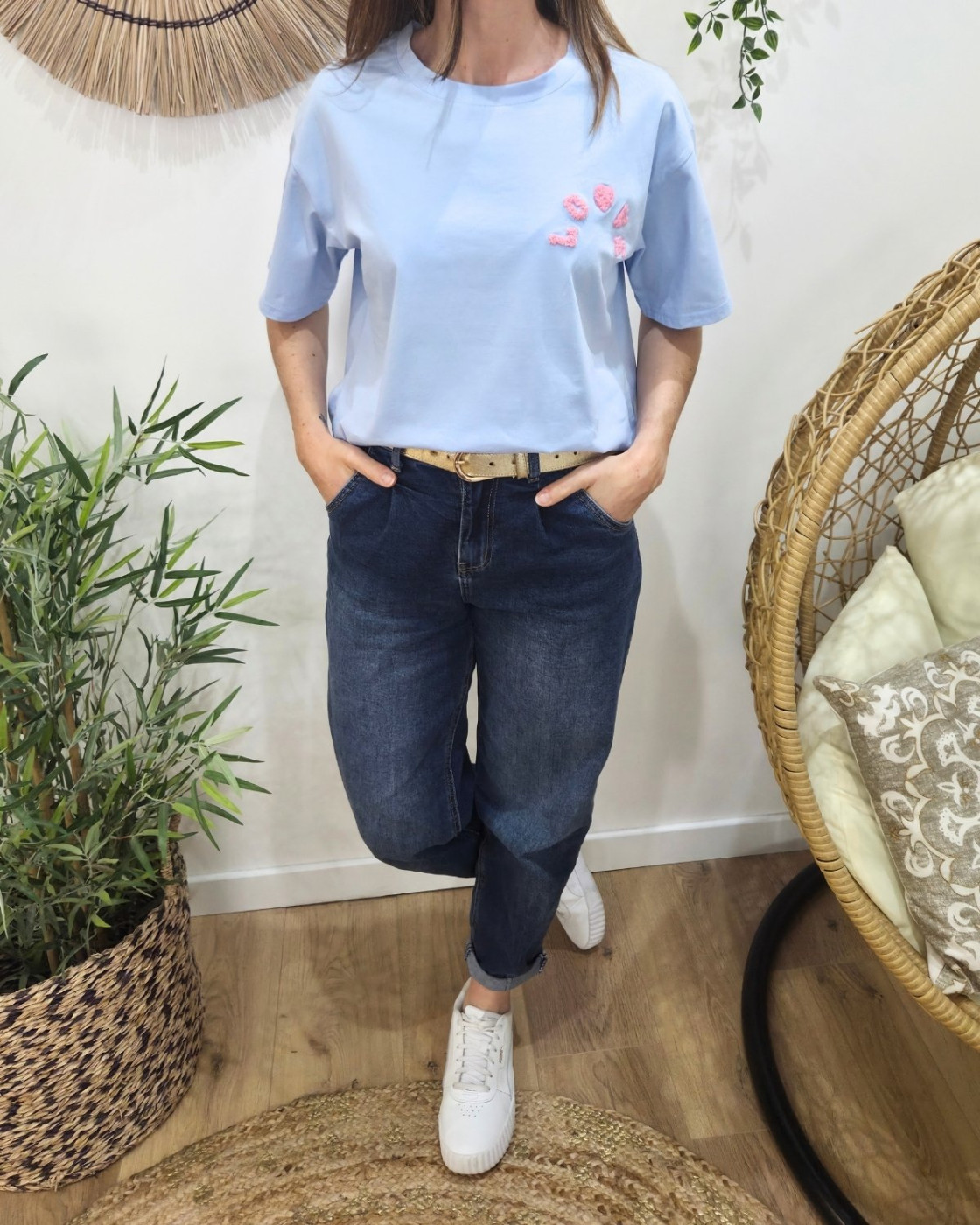 T-shirt femme bleu love teddy rose