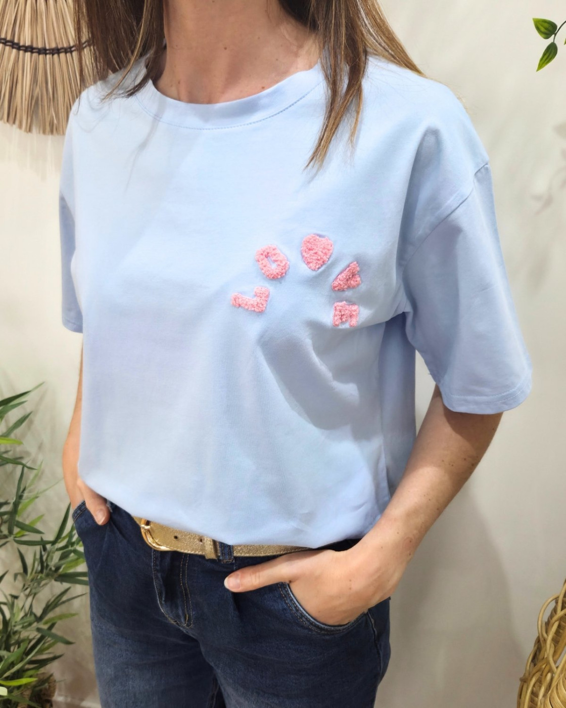 T-shirt femme bleu love teddy rose
