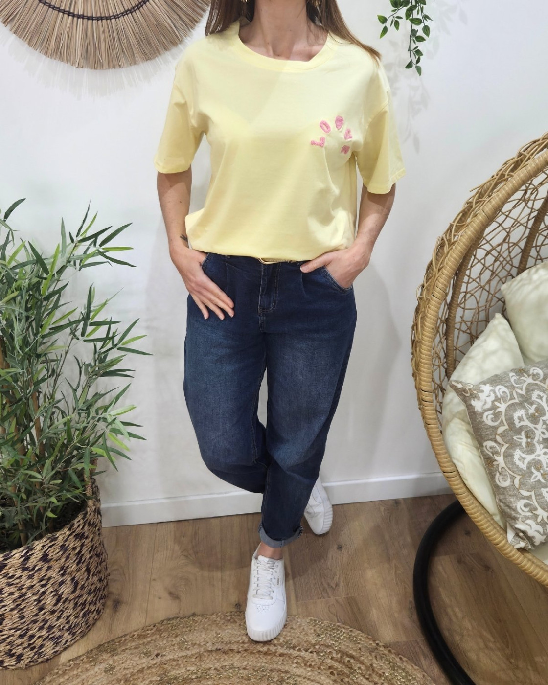 T-shirt femme jaune love teddy rose