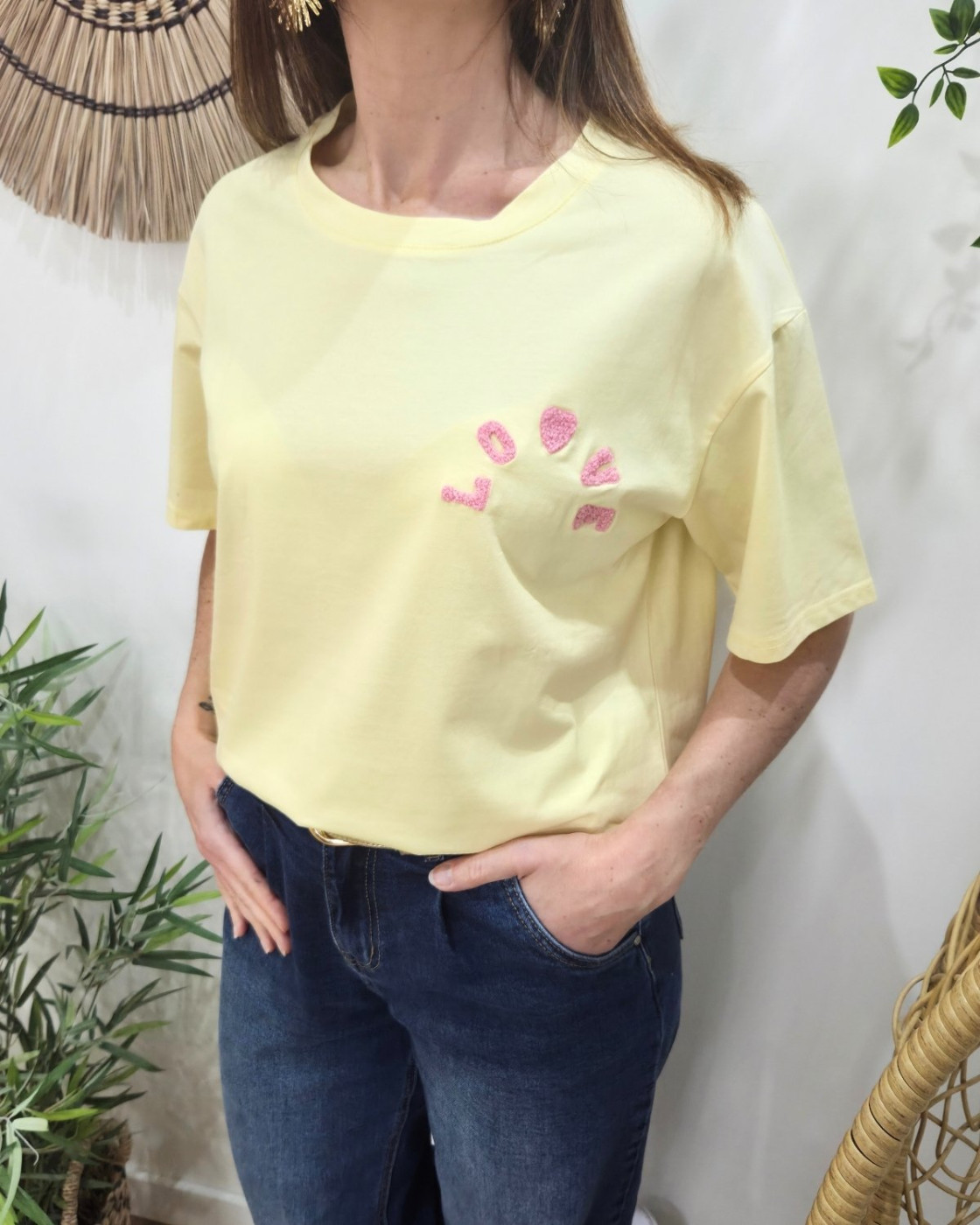 T-shirt femme jaune love teddy rose