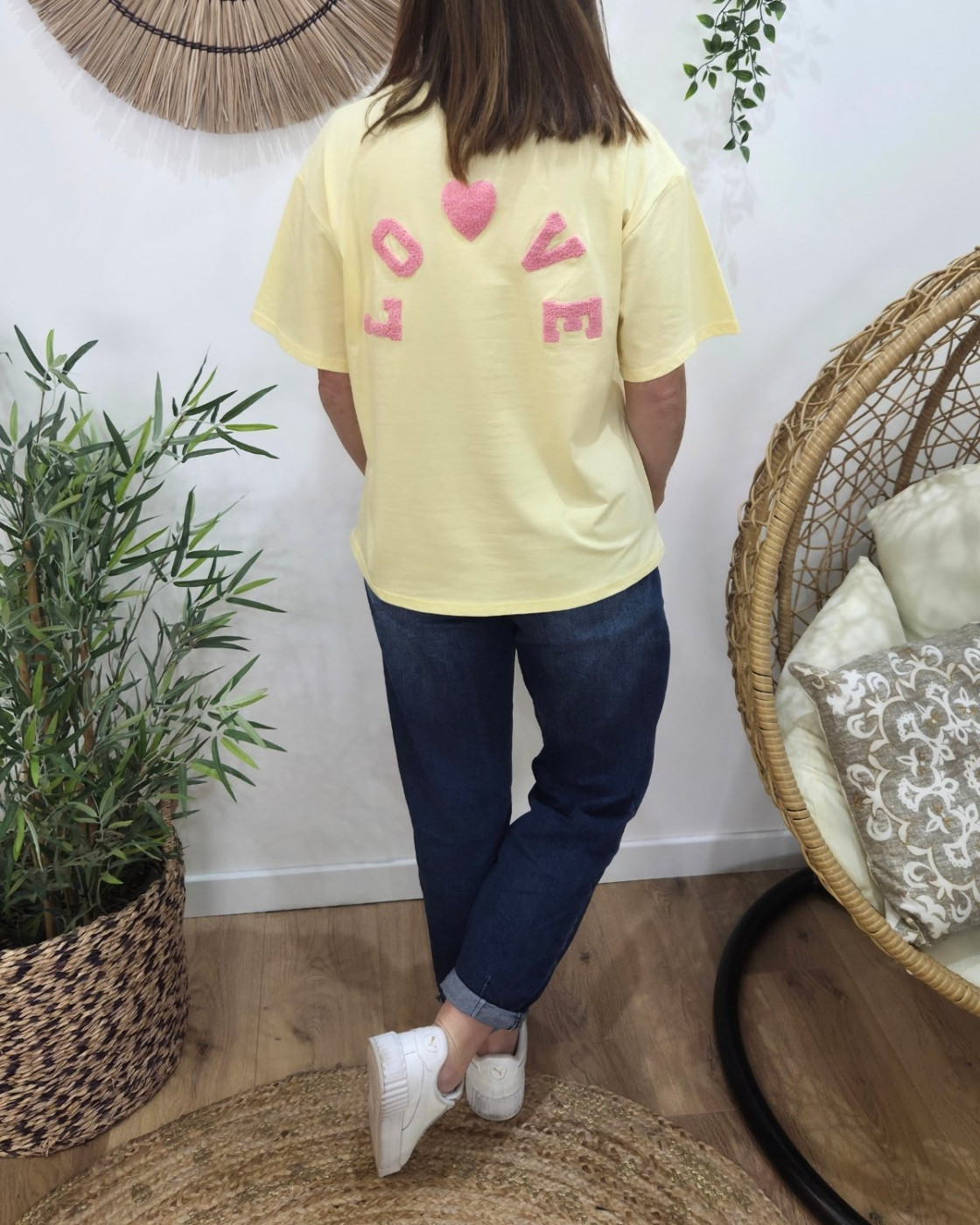 T-shirt femme jaune love teddy rose