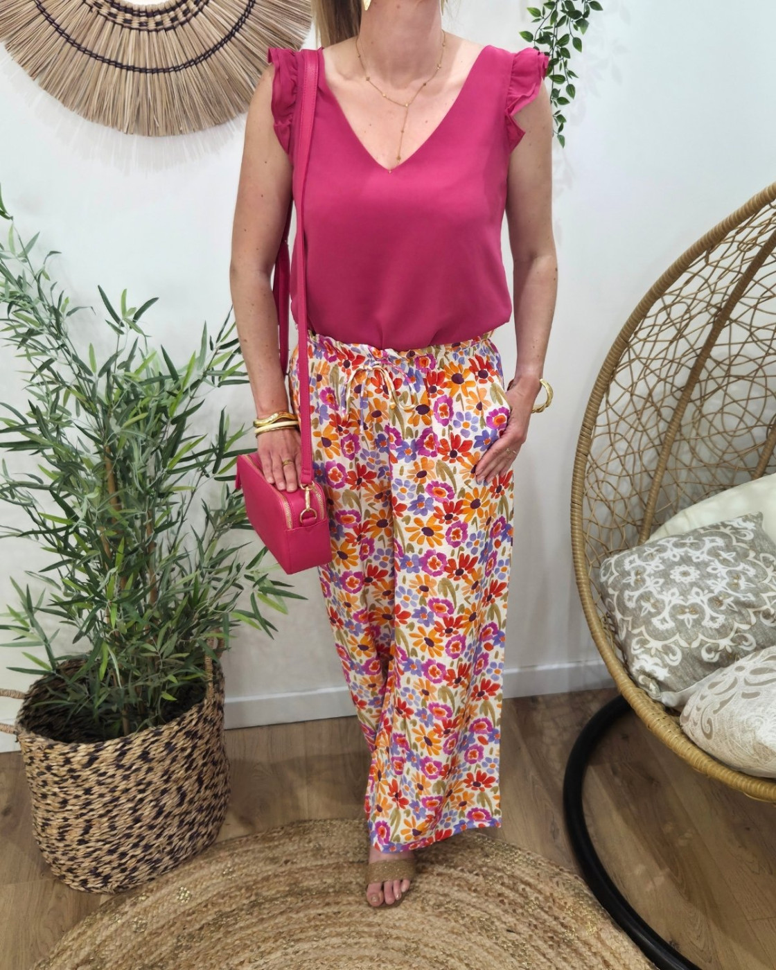 Top femme uni rose fichsia manches volantes