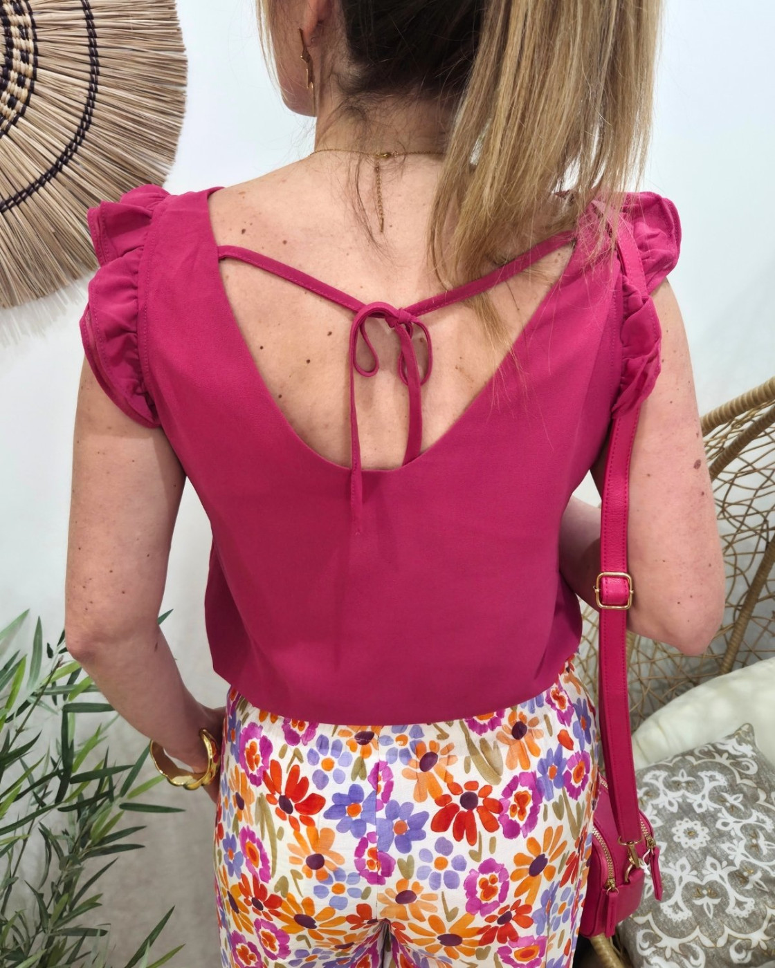 Top femme uni rose fichsia manches volantes