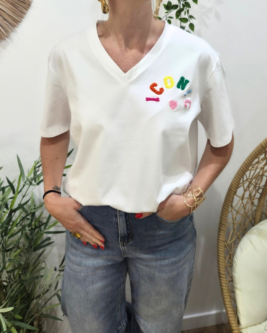 T-shirt femme blanc ICONIC moumoute multicolore