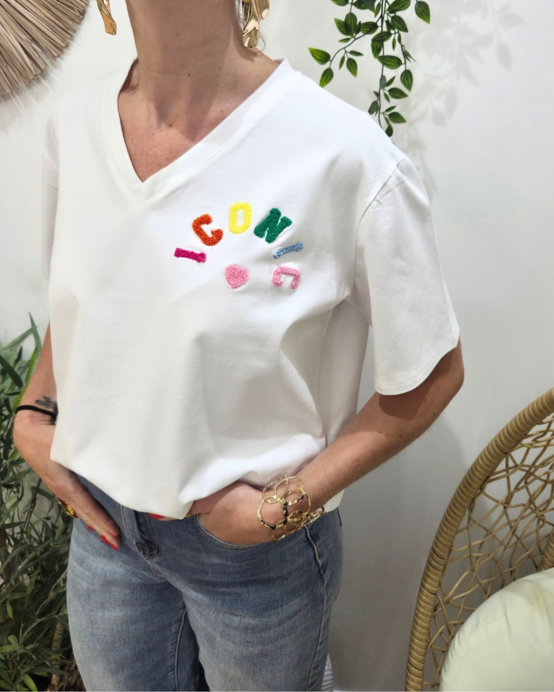 T-shirt femme blanc ICONIC moumoute multicolore