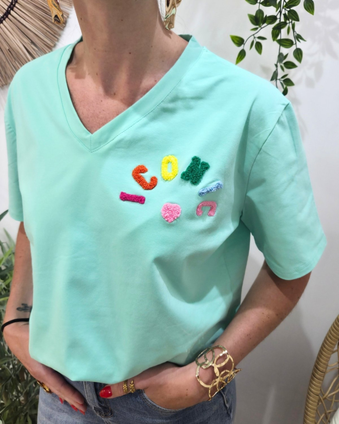 T-shirt femme vert d'eau ICONIC moumoute multicolore