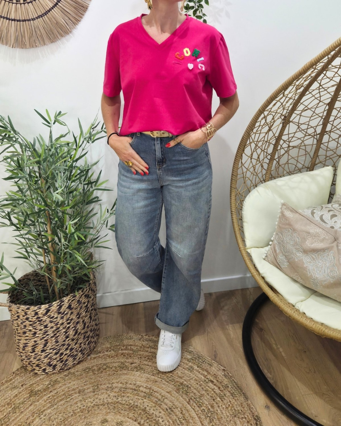 T-shirt femme rose fuchsia ICONIC moumoute multicolore