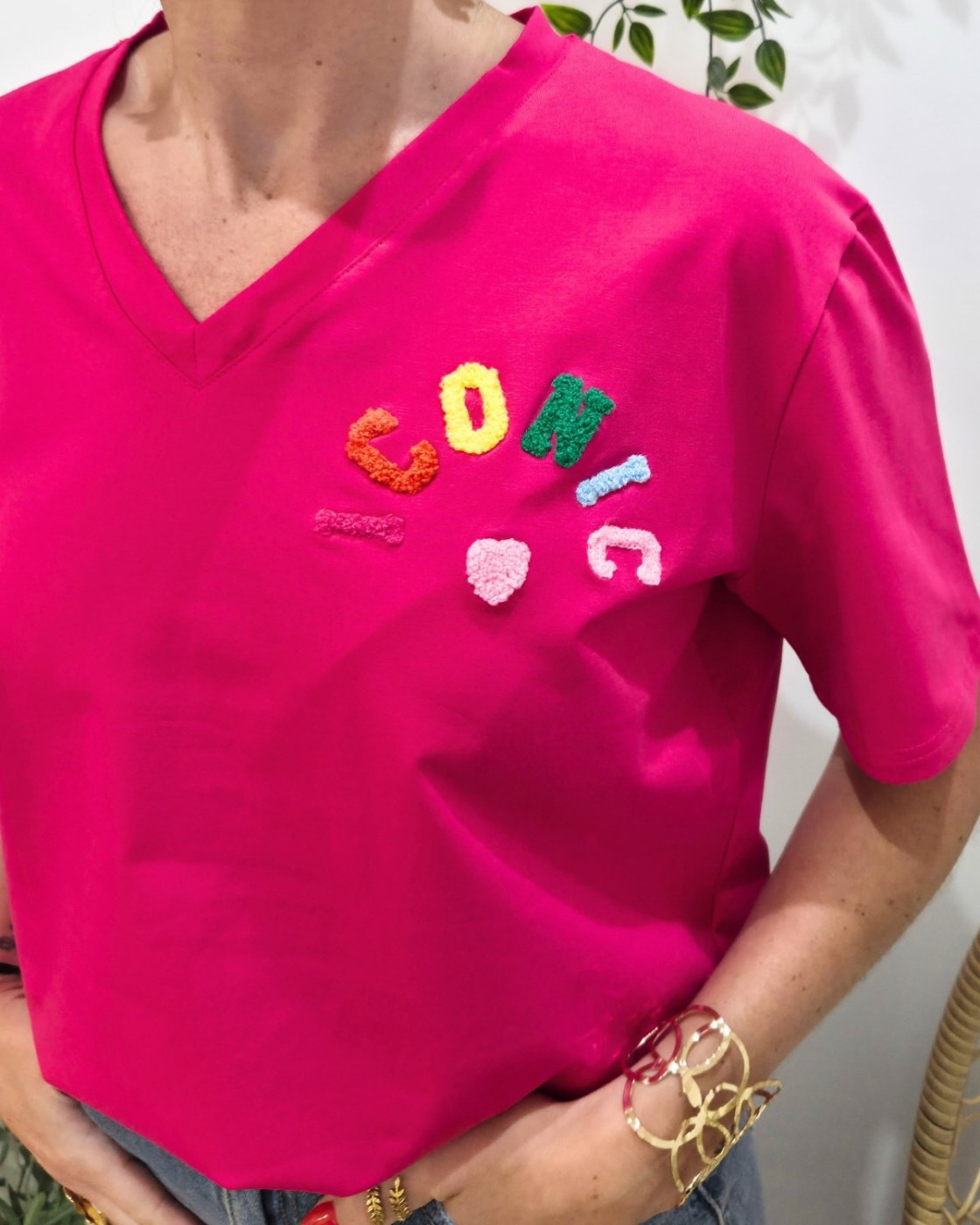 T-shirt femme rose fuchsia ICONIC moumoute multicolore
