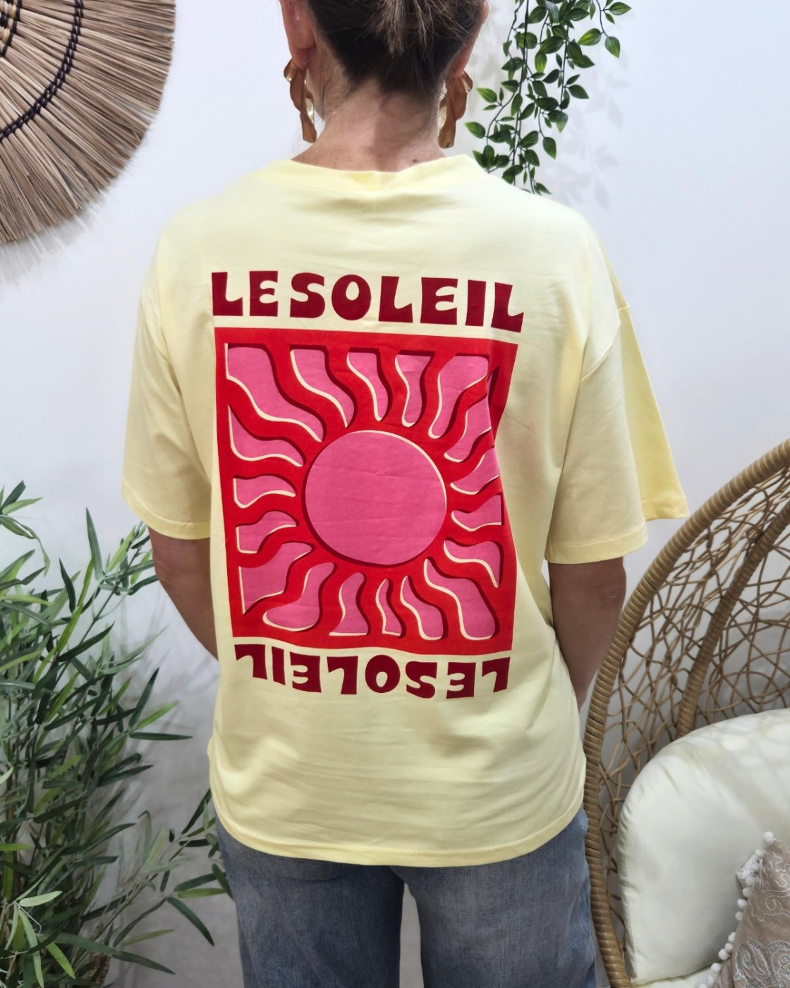 T-shirt femme jaune le soleil rose et rouge