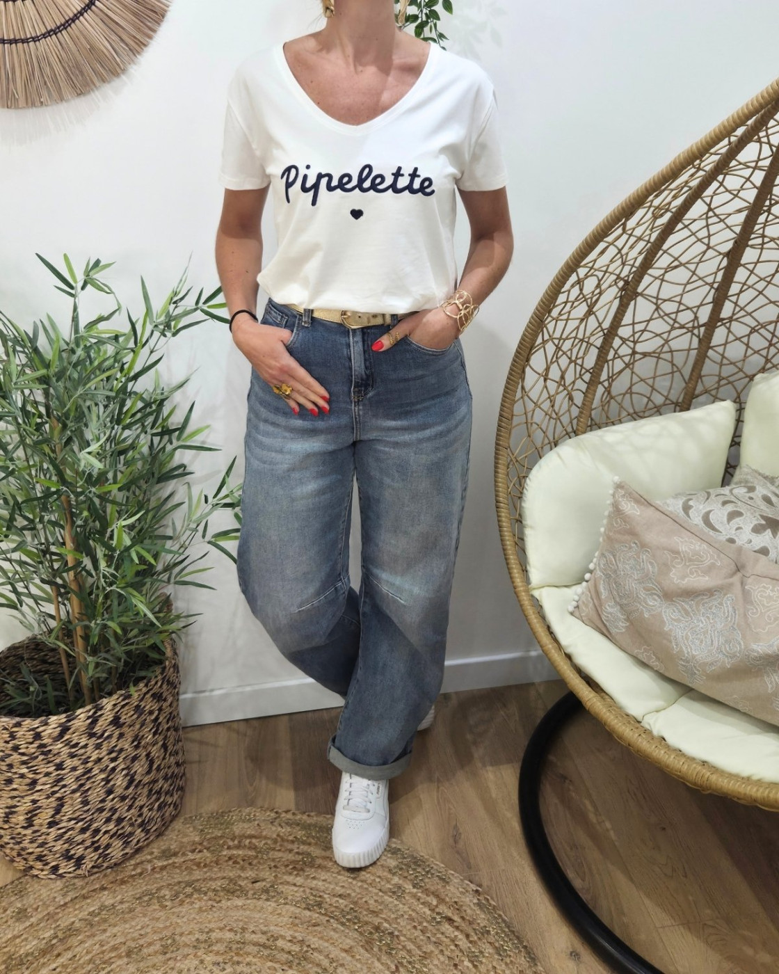 T-Shirt femme blanc broderie pipelette marine