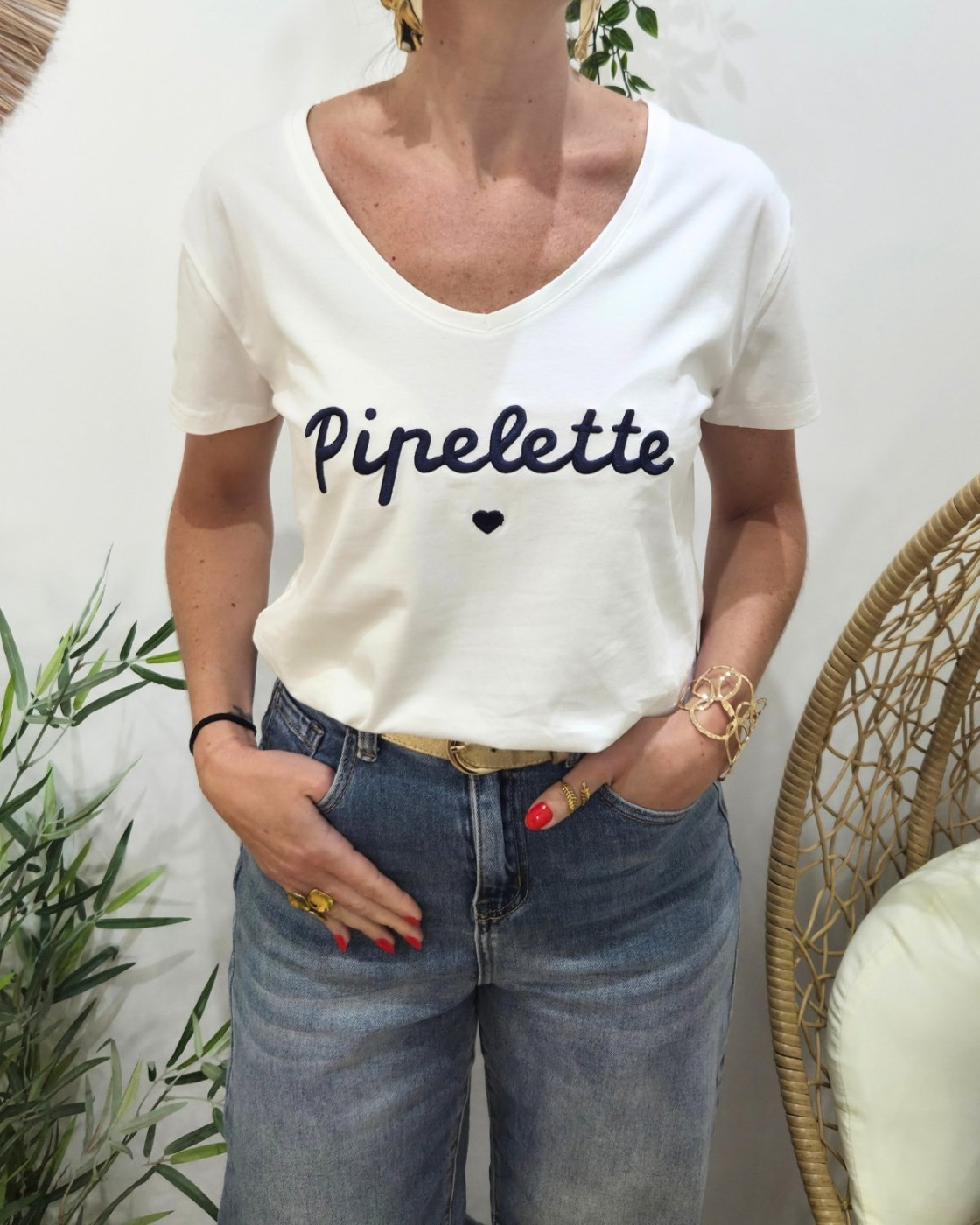 T-Shirt femme blanc broderie pipelette marine