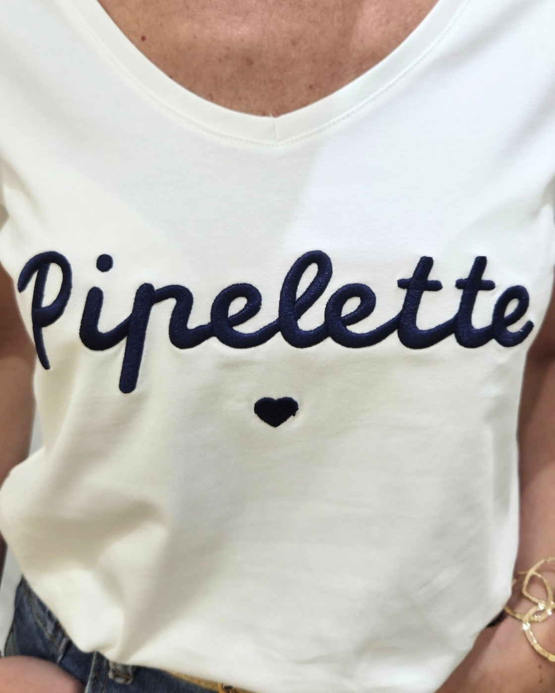 T-Shirt femme blanc broderie pipelette marine