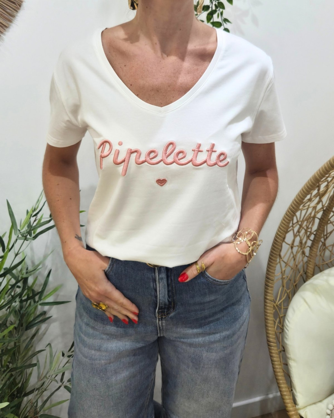 T-Shirt femme blanc broderie pipelette rose poudré