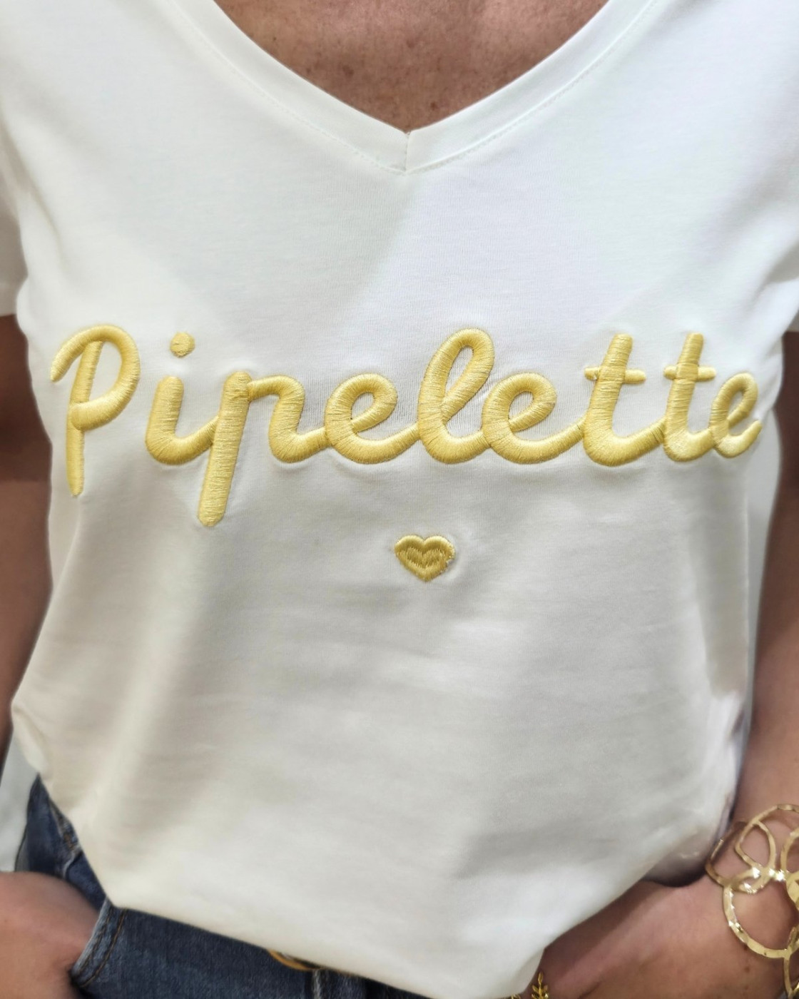 T-Shirt femme blanc broderie pipelette jaune