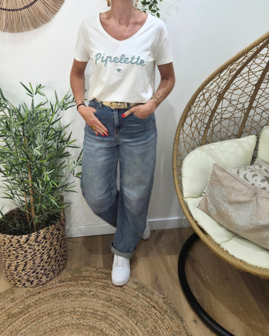 T-Shirt femme blanc broderie pipelette vert agate