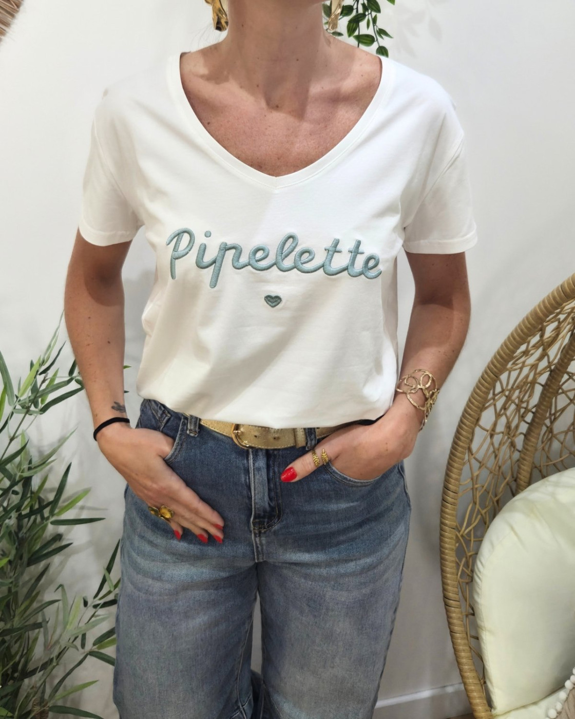 T-Shirt femme blanc broderie pipelette vert agate
