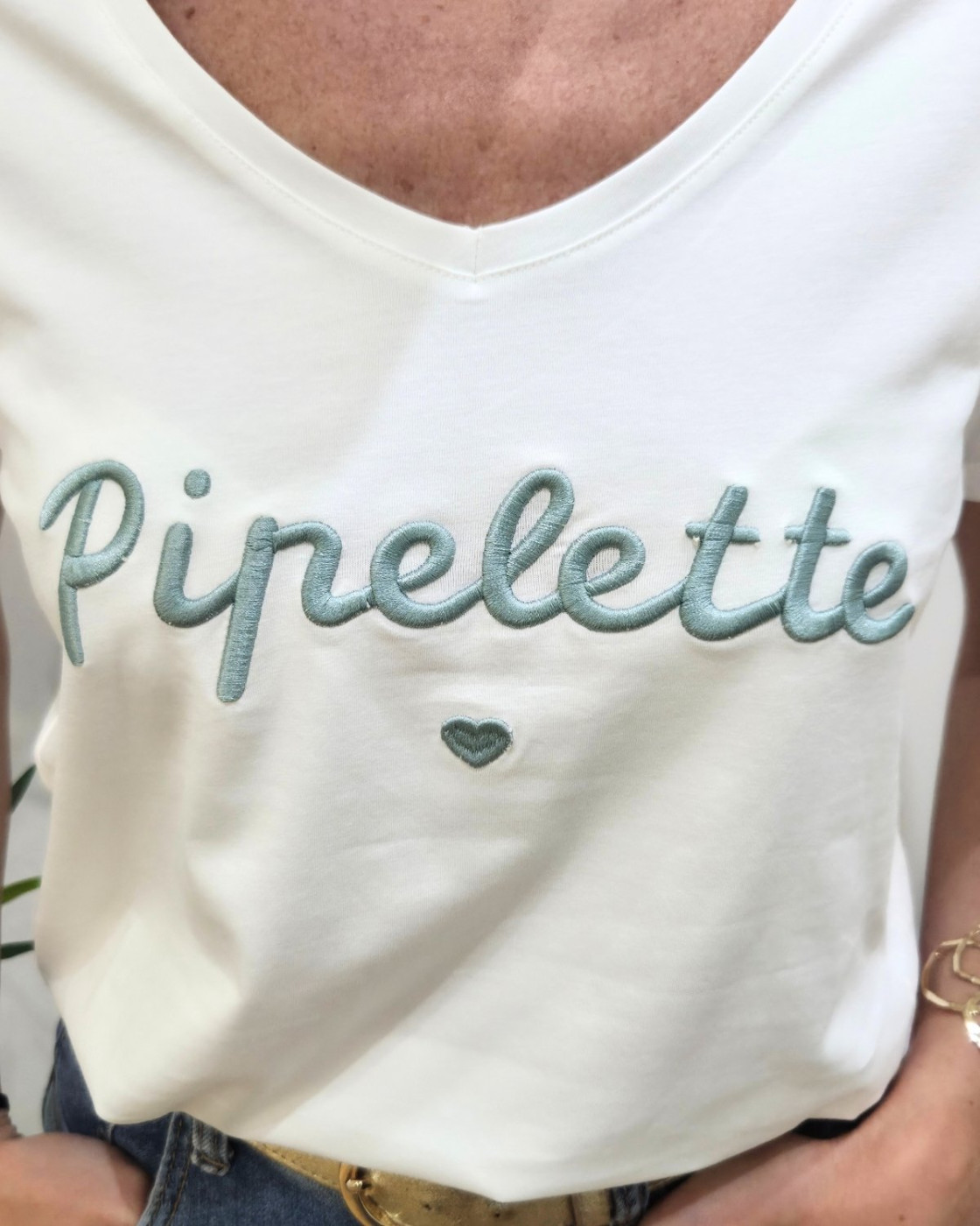 T-Shirt femme blanc broderie pipelette vert agate