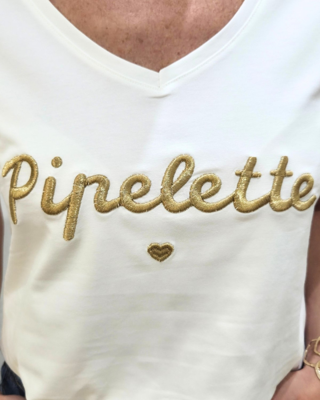T-Shirt femme blanc broderie pipelette doré