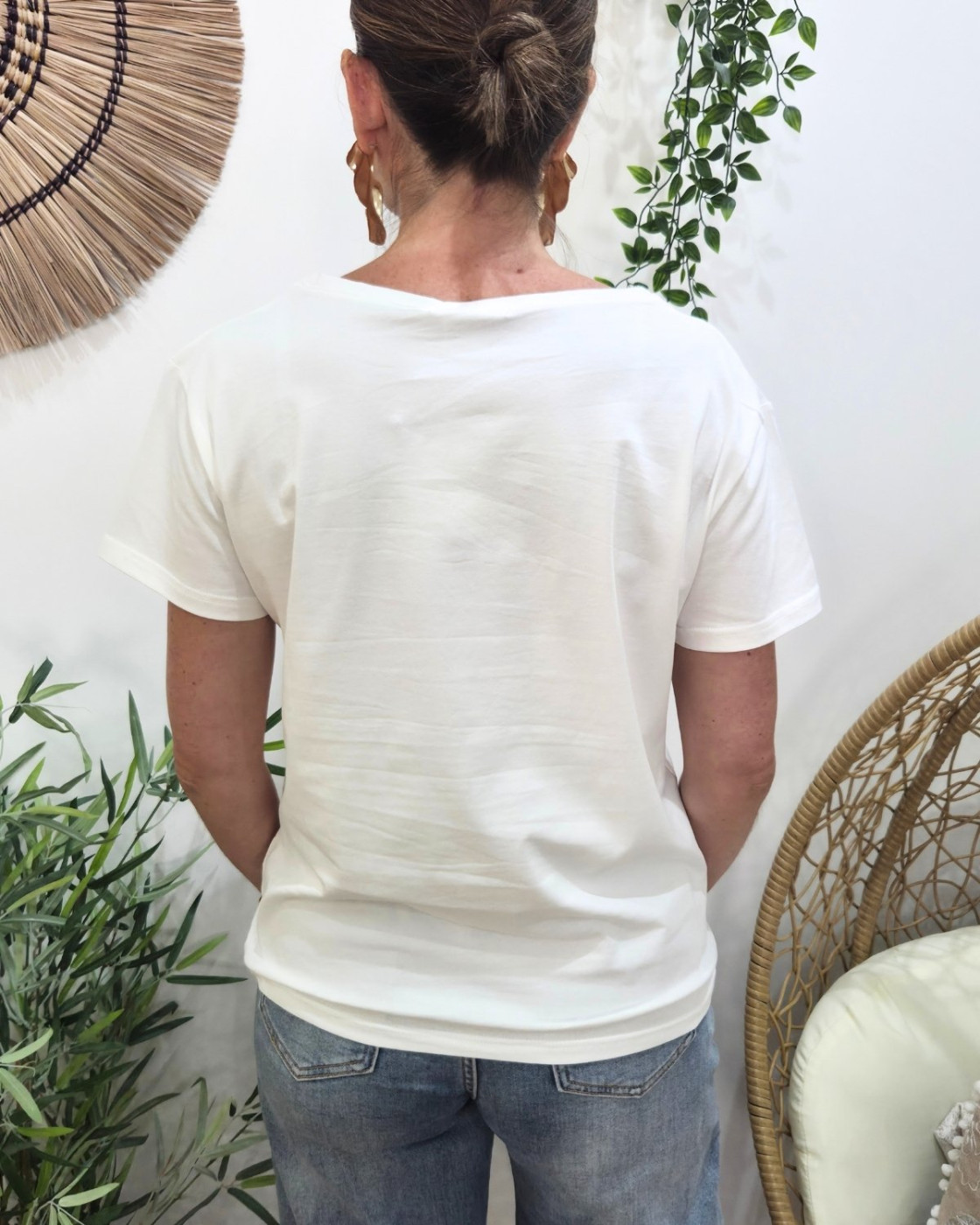 T-Shirt femme blanc broderie pipelette doré