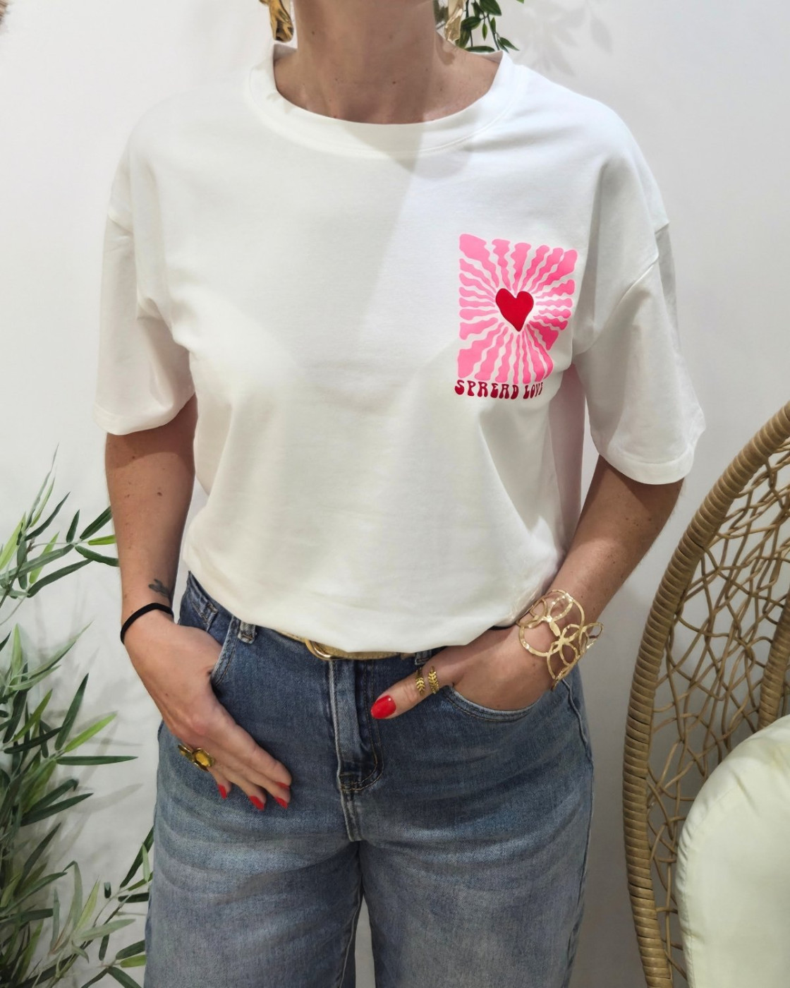 T-Shirt femme blanc Spread love rose et rouge