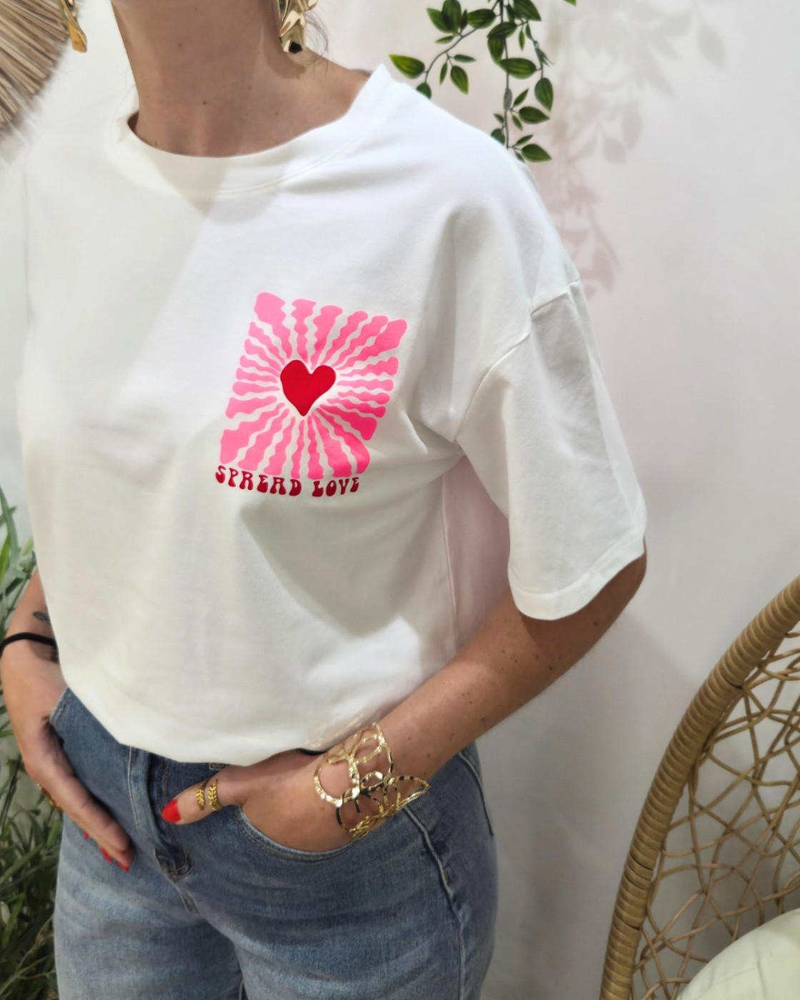 T-Shirt femme blanc Spread love rose et rouge