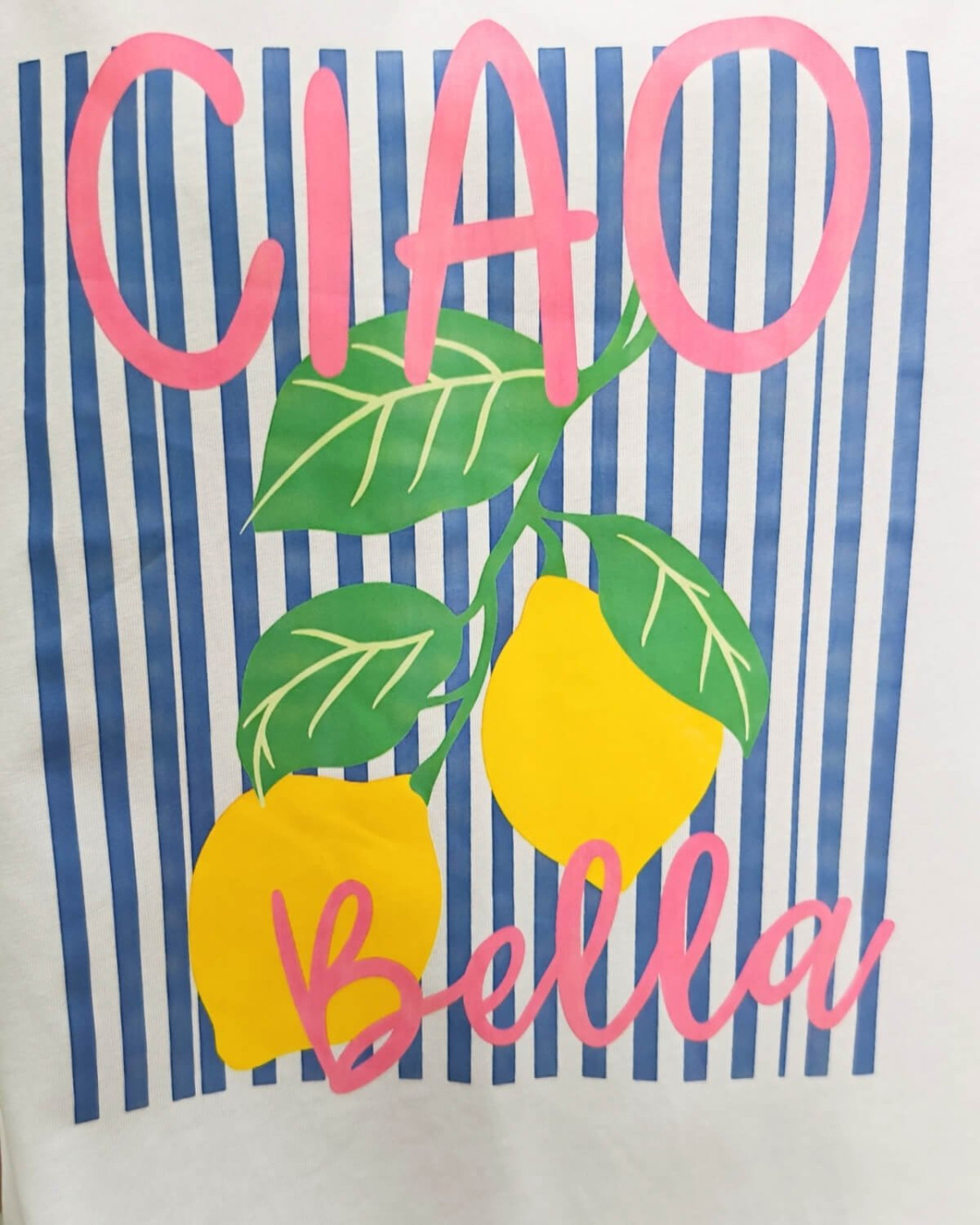 T-Shirt femme blanc citrons Ciao Bella rayures bleues