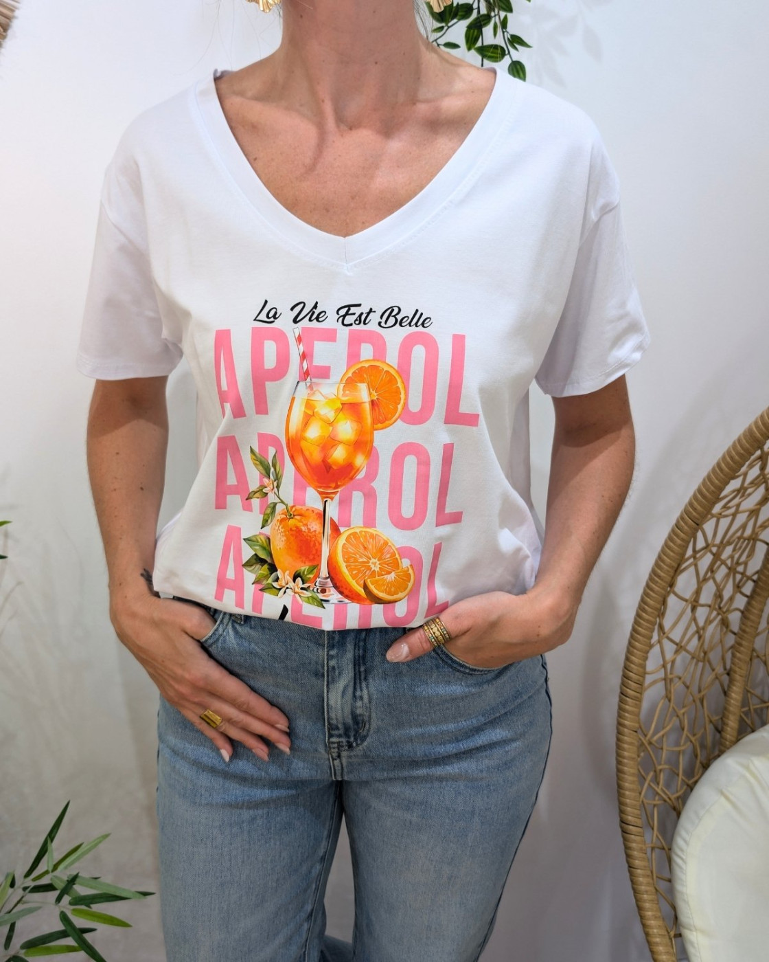 T-Shirt femme blanc La vie est belle APEROL lovers multicolore