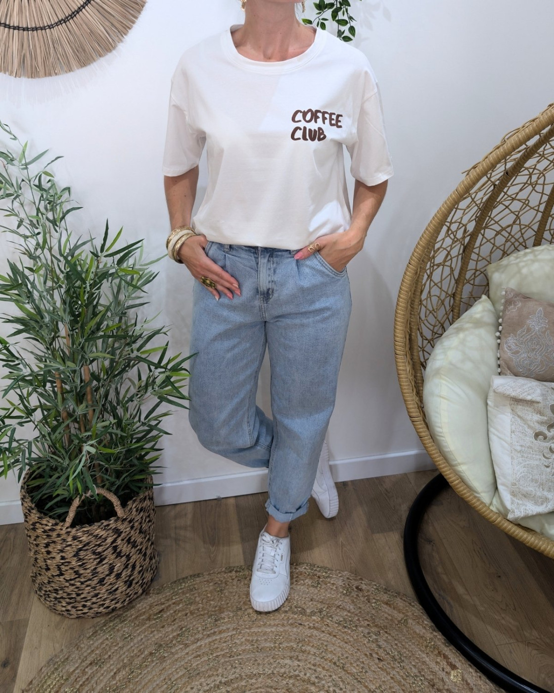 T-shirt femme blanc et marron Coffee Club