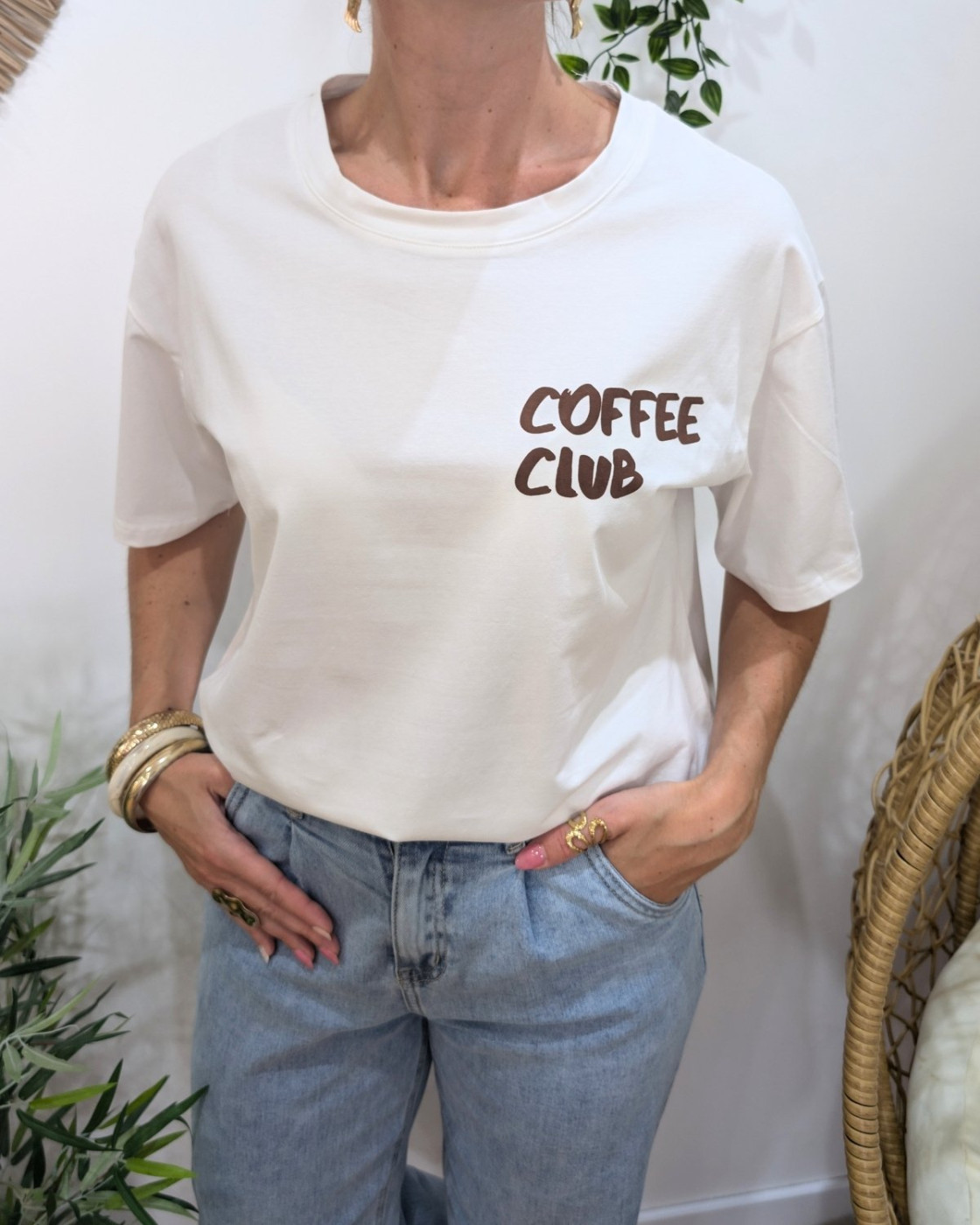 T-shirt femme blanc et marron Coffee Club