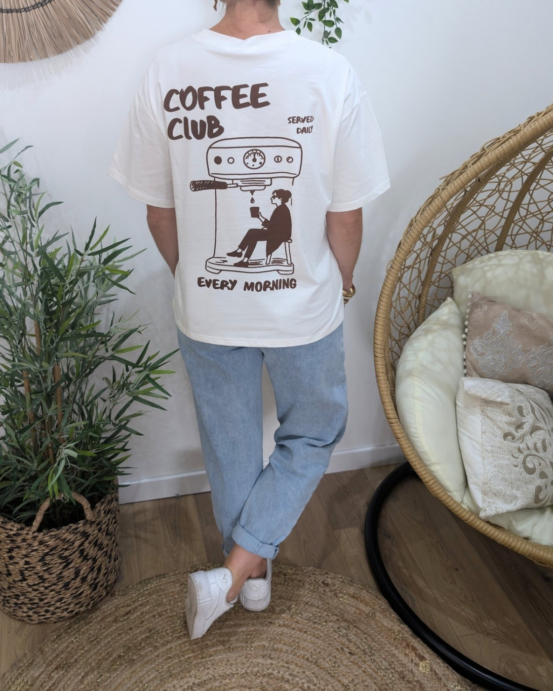 T-shirt femme blanc et marron Coffee Club