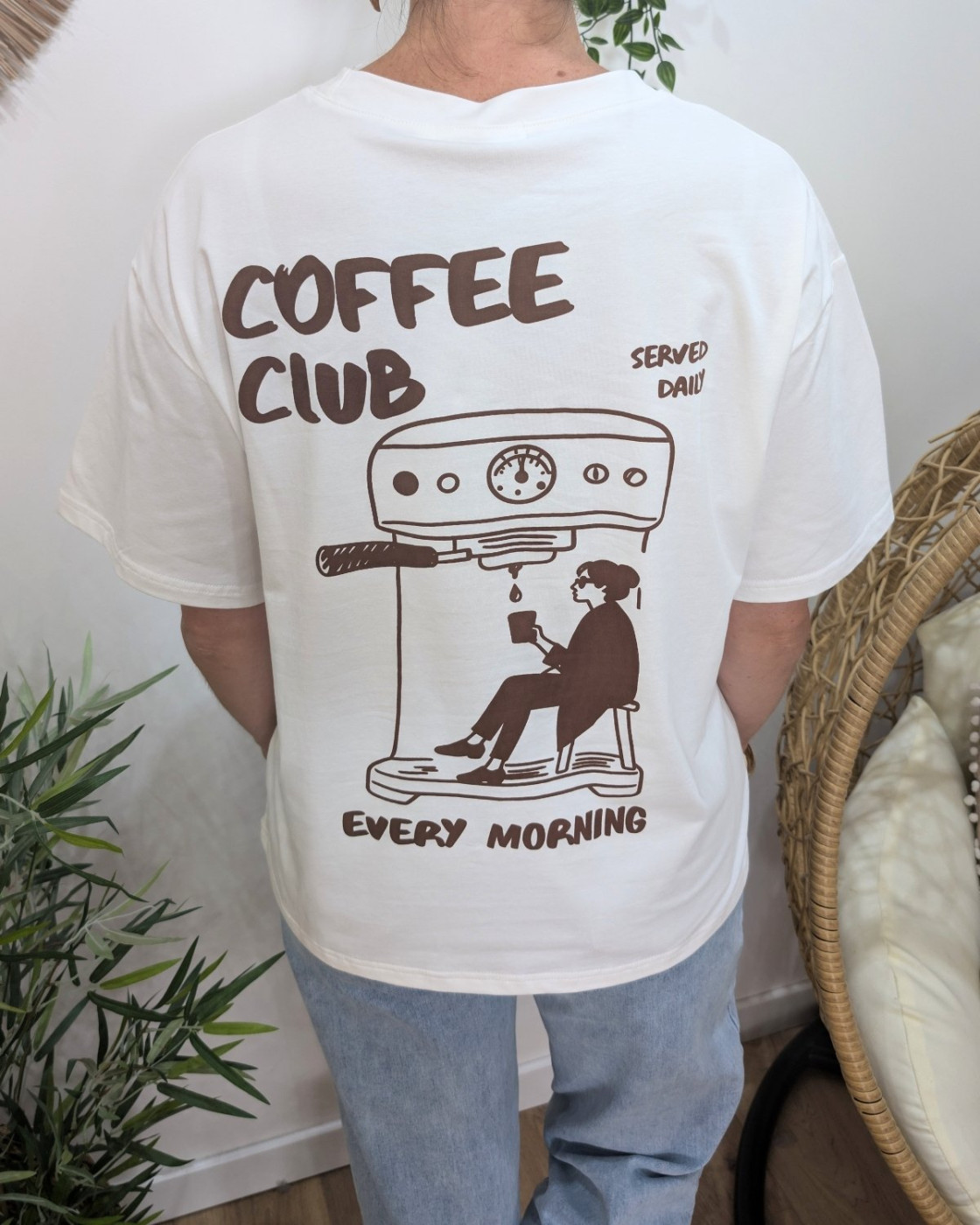 T-shirt femme blanc et marron Coffee Club