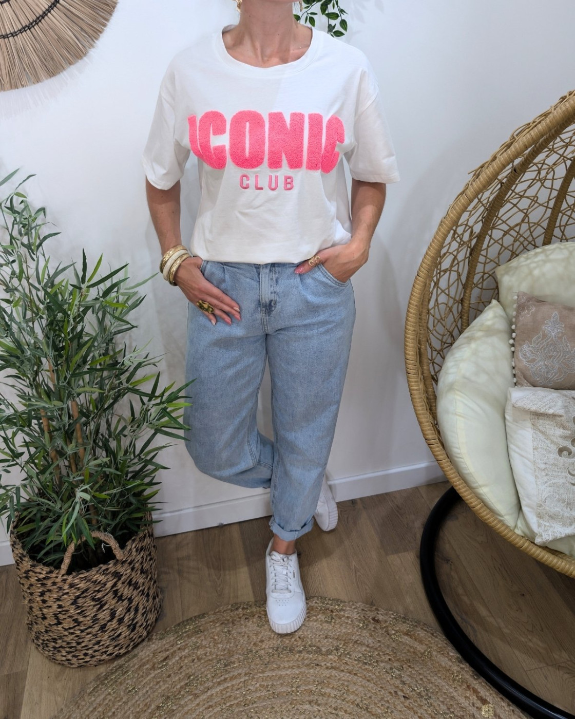 T-shirt femme blanc et rose fuchsia Iconic club 