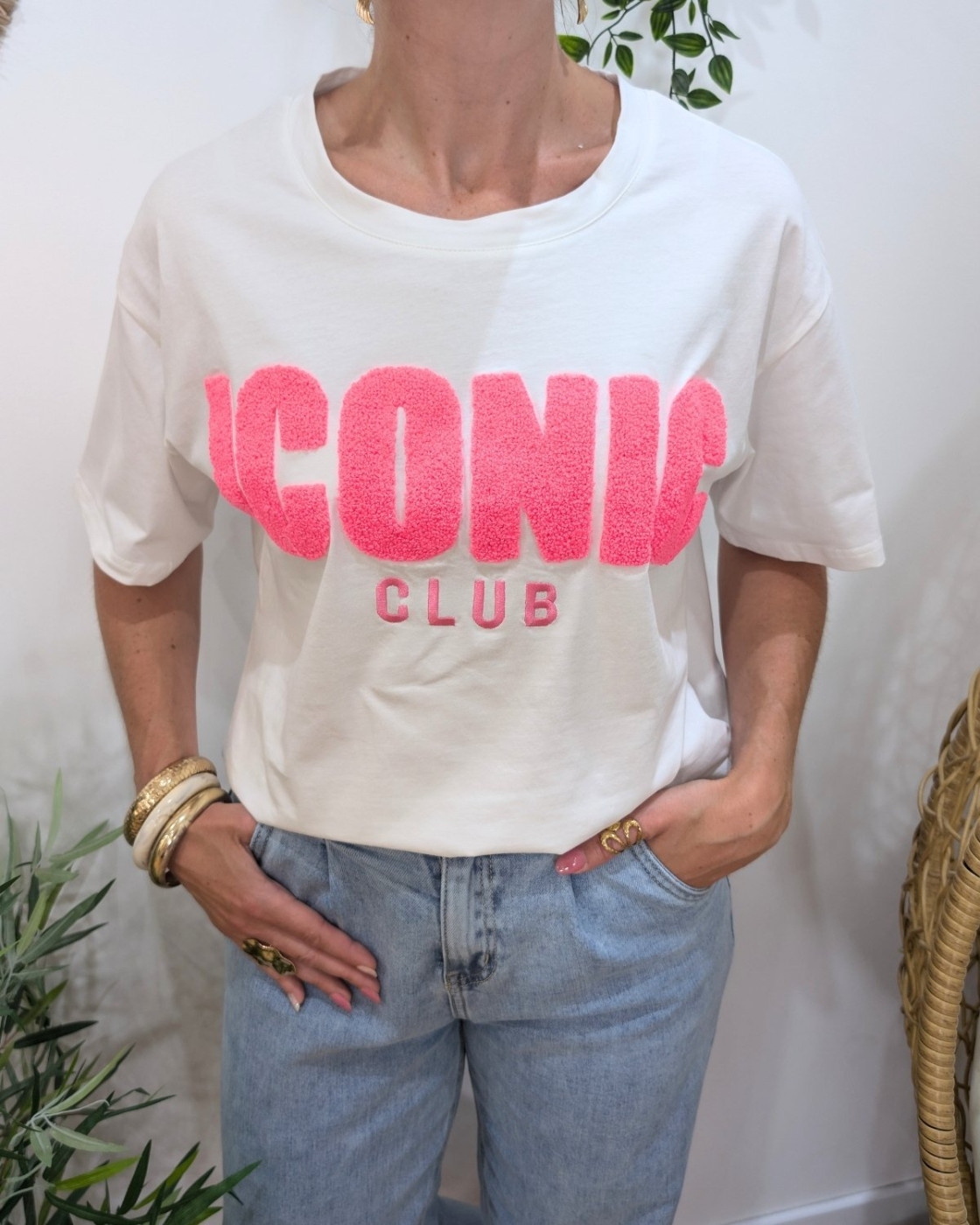 T-shirt femme blanc et rose fuchsia Iconic club 