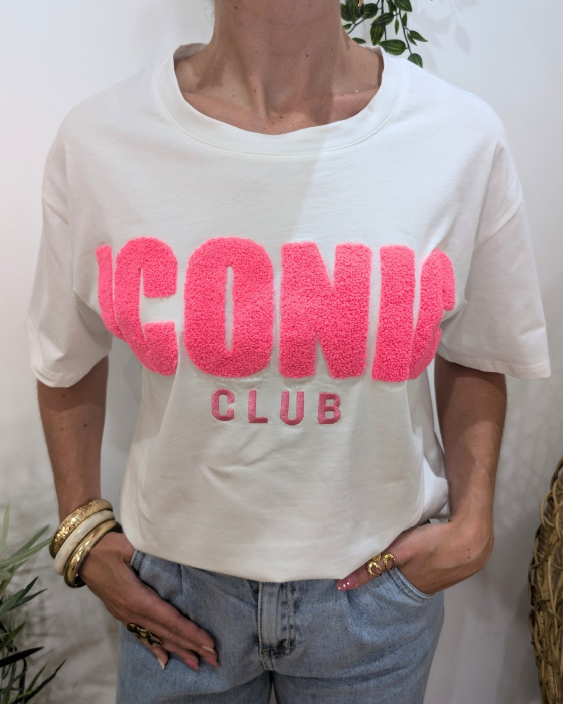 T-shirt femme blanc et rose fuchsia Iconic club 