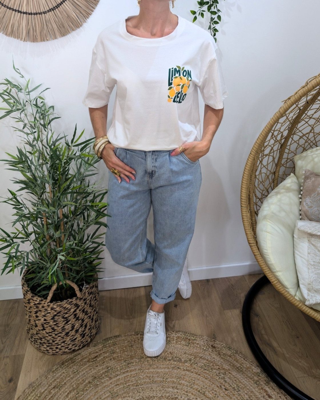 T-shirt femme blanc et vert limoncello