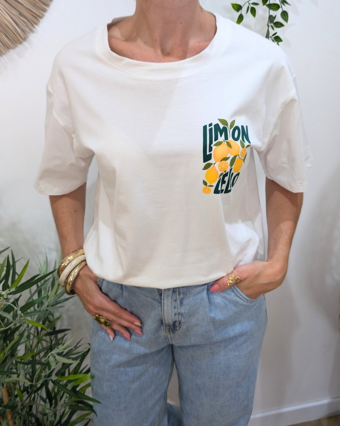 T-shirt femme blanc et vert limoncello