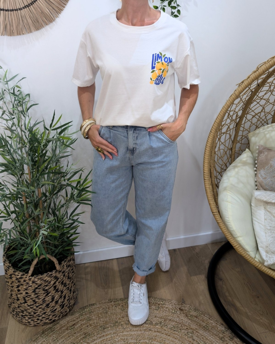 T-shirt femme blanc et bleu limoncello