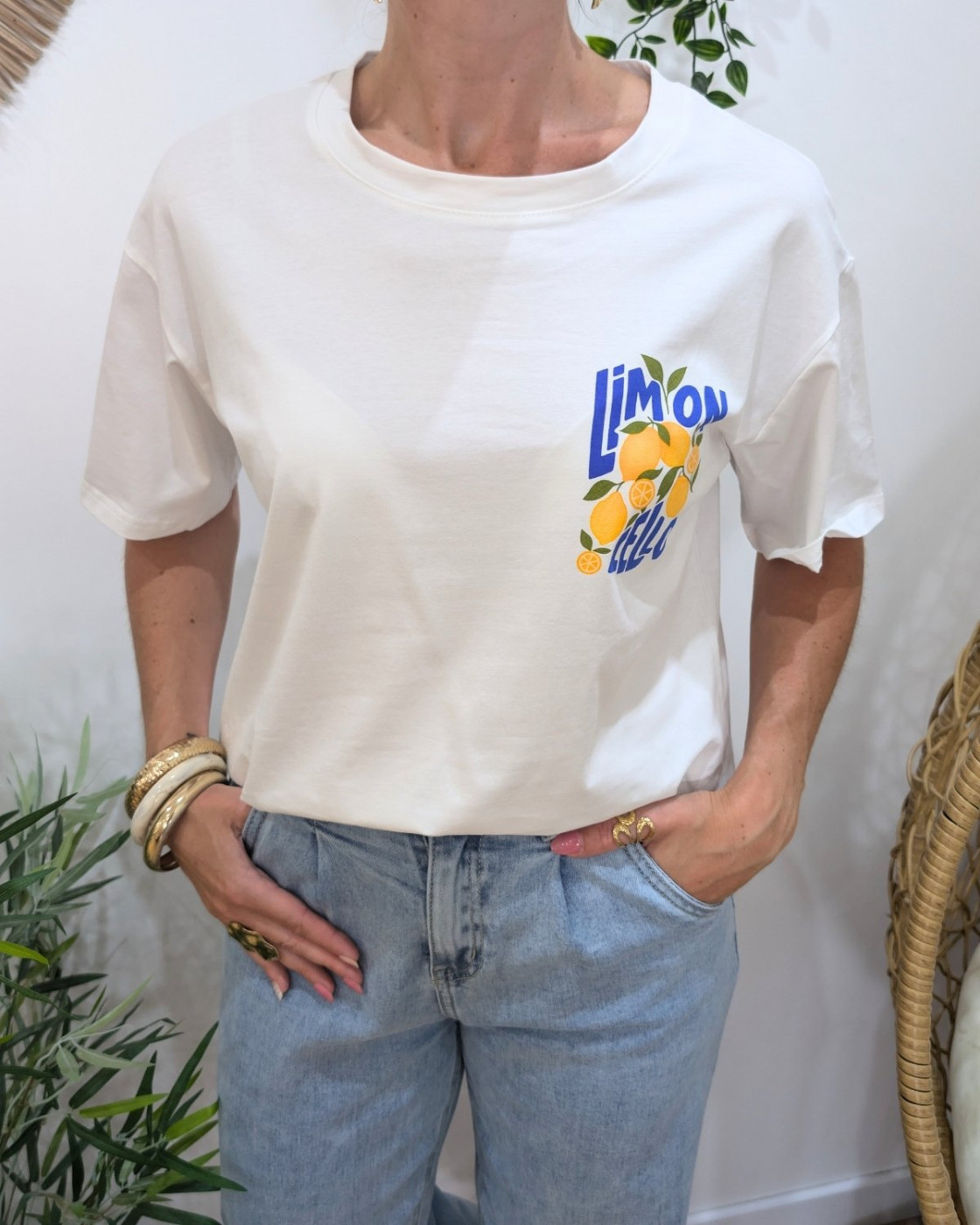T-shirt femme blanc et bleu limoncello