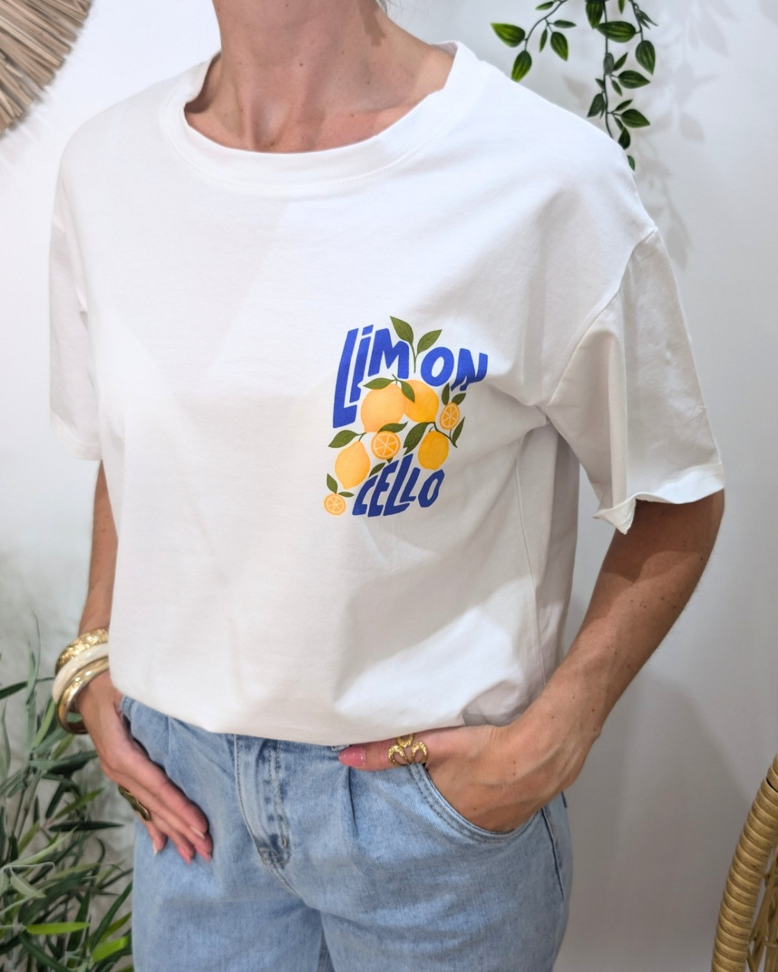 T-shirt femme blanc et bleu limoncello