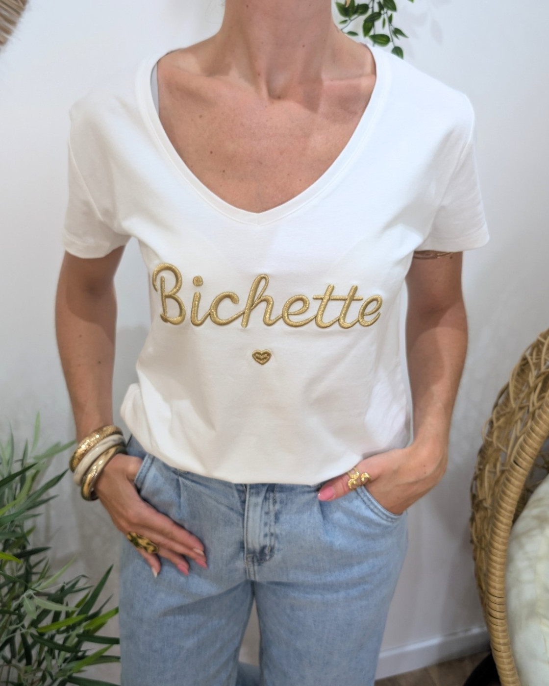 T-Shirt femme blanc broderie bichette doré