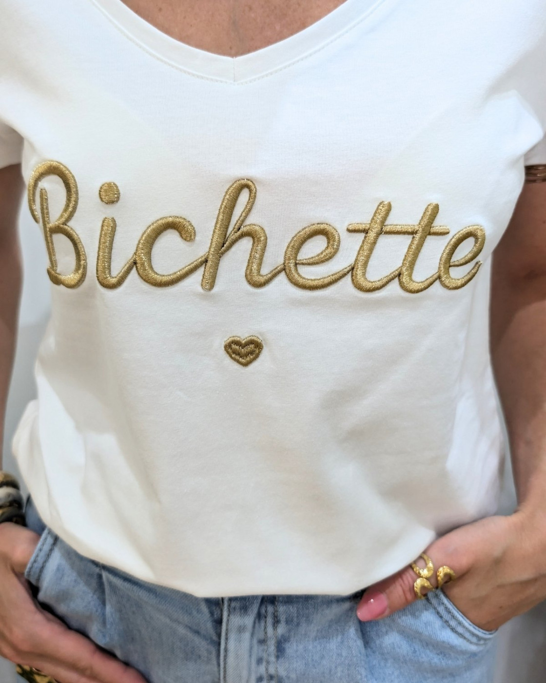 T-Shirt femme blanc broderie bichette doré
