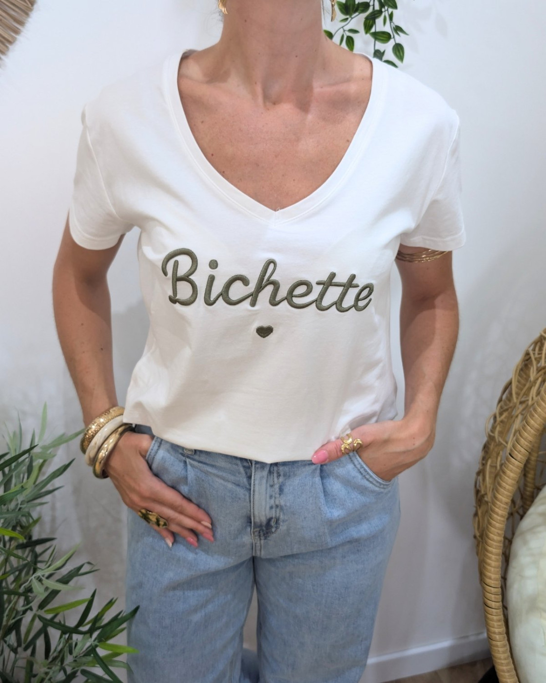 T-Shirt femme blanc broderie bichette kaki