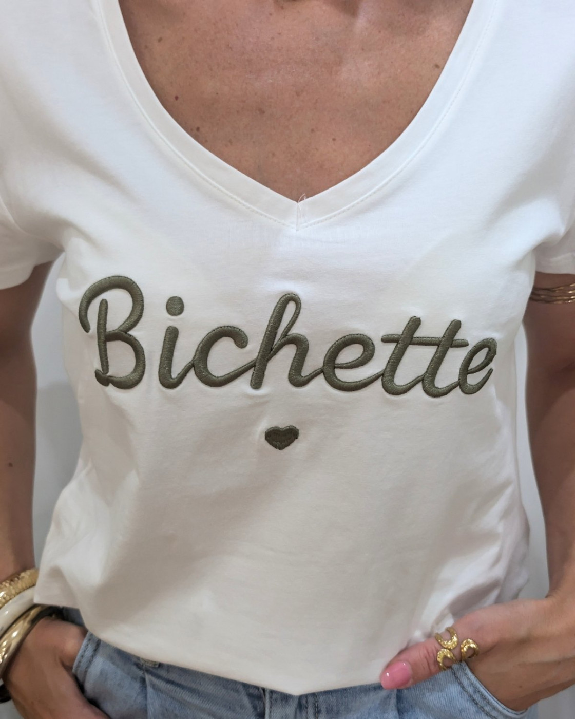 T-Shirt femme blanc broderie bichette kaki