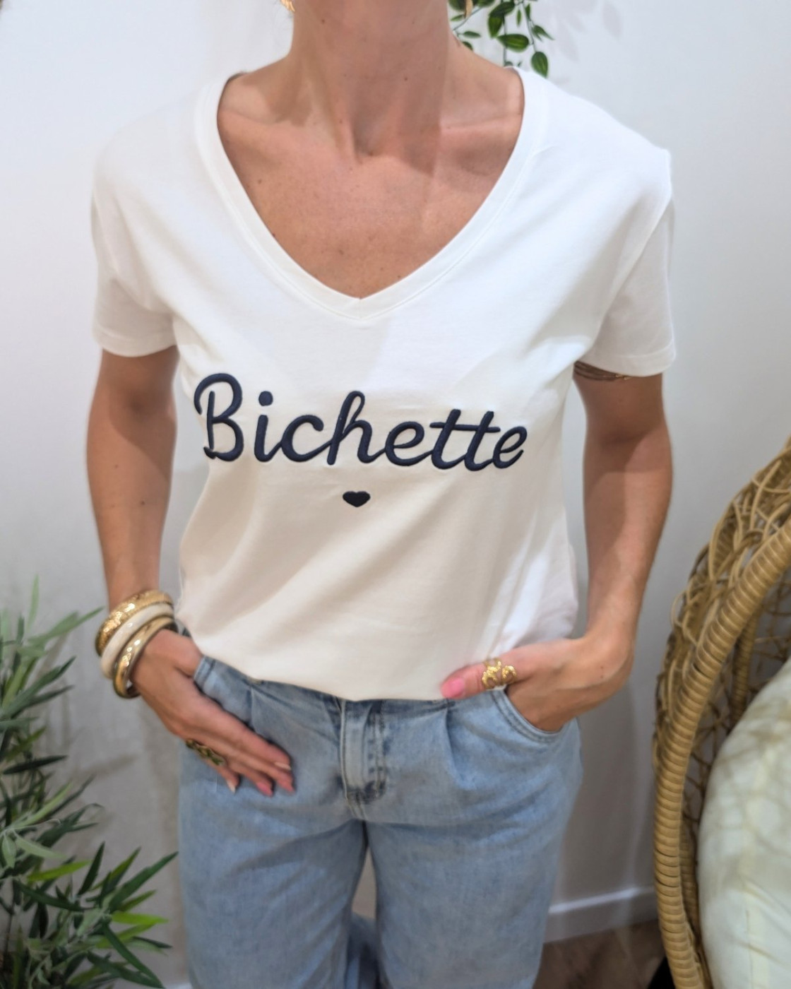 T-Shirt femme blanc broderie bichette marine