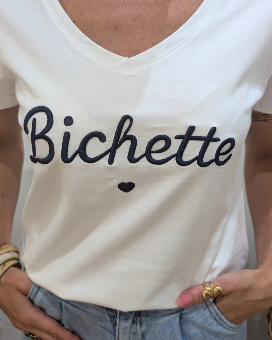 T-Shirt femme blanc broderie bichette marine