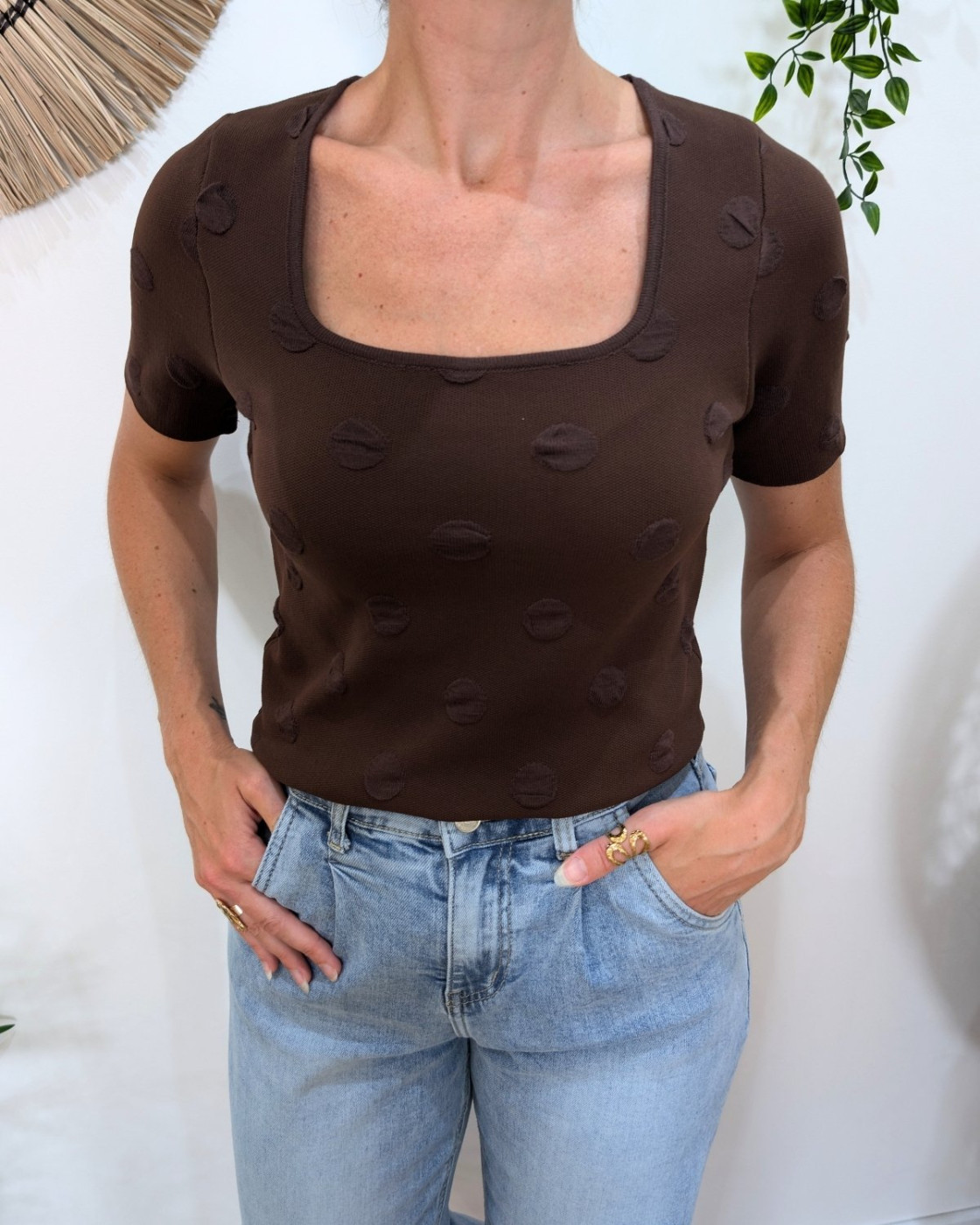 T-Shirt épais femme marron à pois