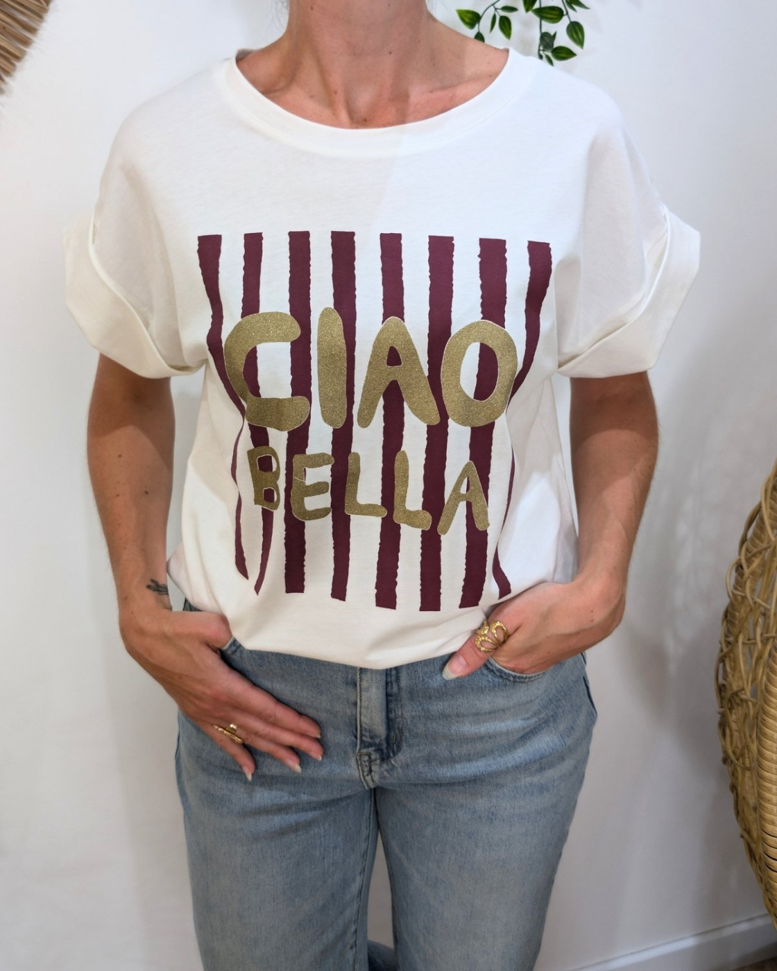 T-Shirt femme écru ciao bella doré rayures bordeaux