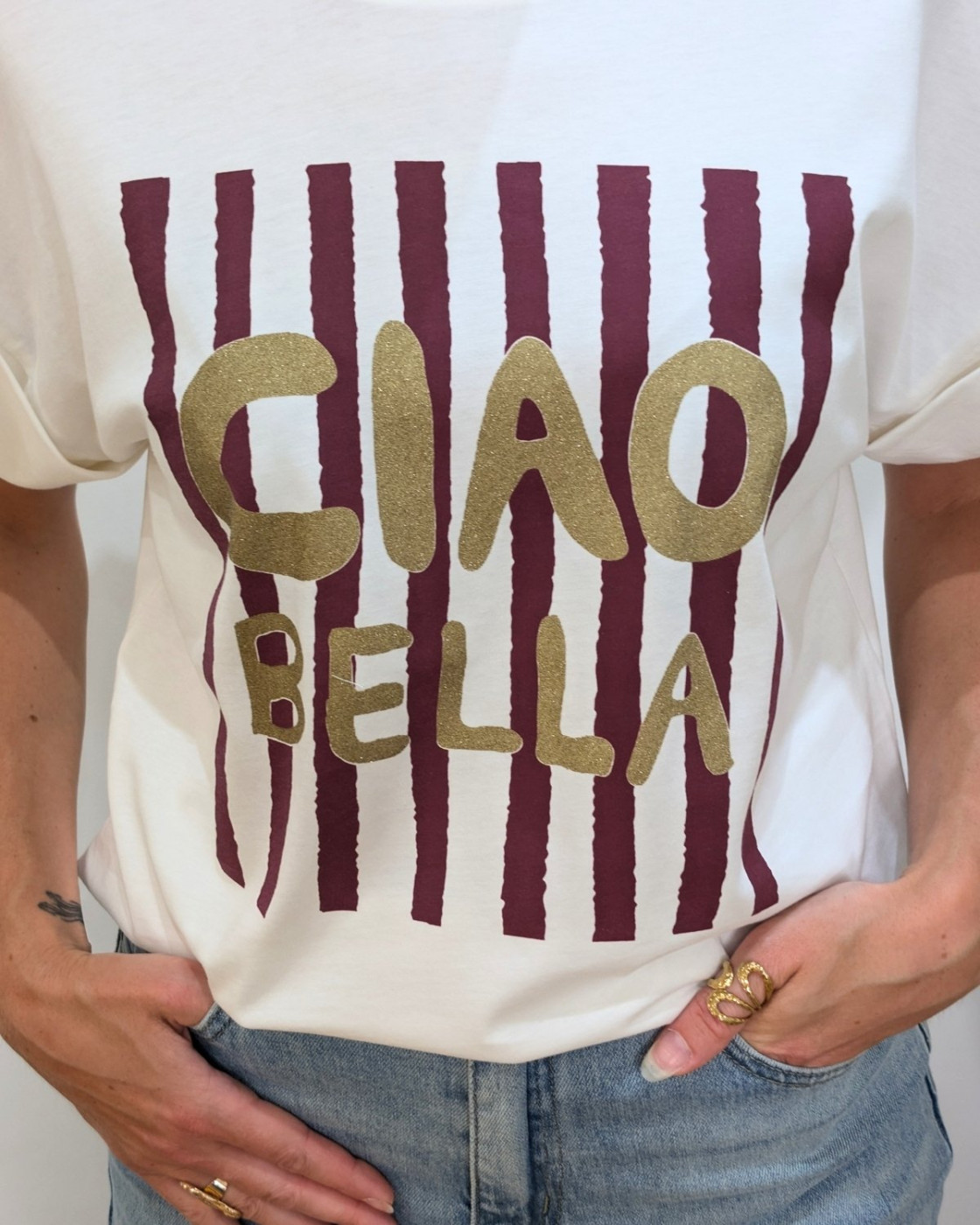 T-Shirt femme écru ciao bella doré rayures bordeaux